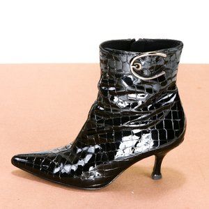 Stuart Weitzman Croc Embossed Patent Leather Black Heeled Boots Size 6.5